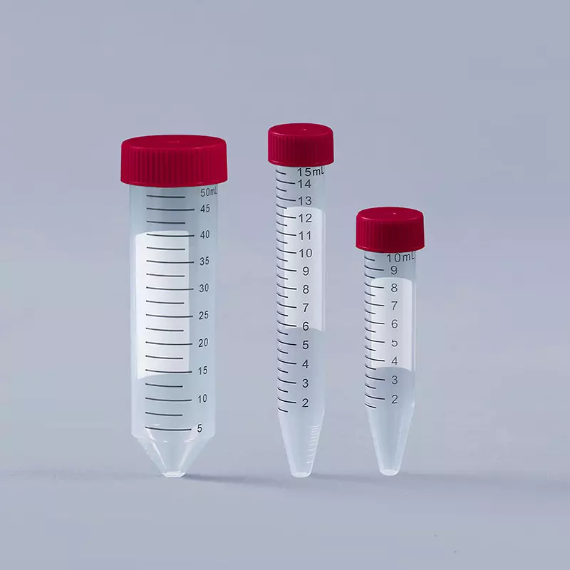 Three plastic centrifuge tubes with red caps and graduation markings