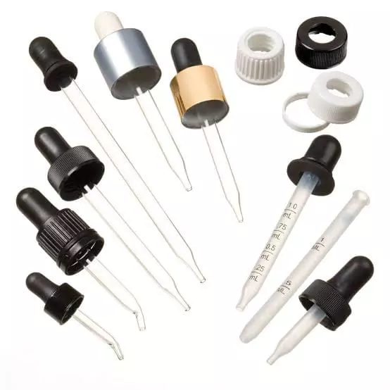Assorted glass pipettes and dropper bulbs with measurement marks