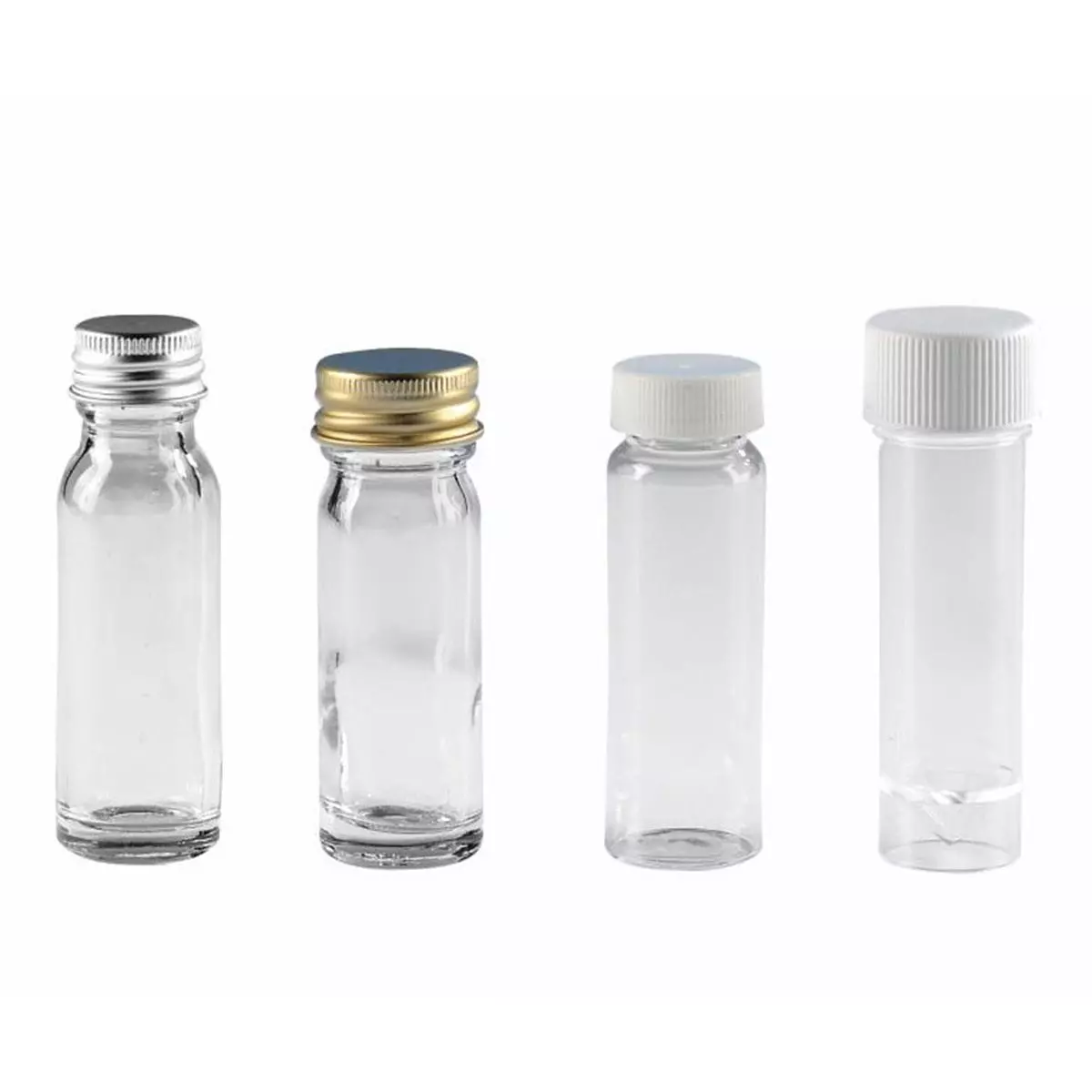 Four clear glass bottles and vials with different screw caps