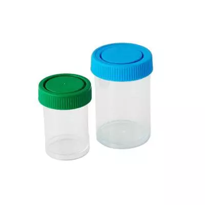 Two clear plastic specimen jars with coloured lids